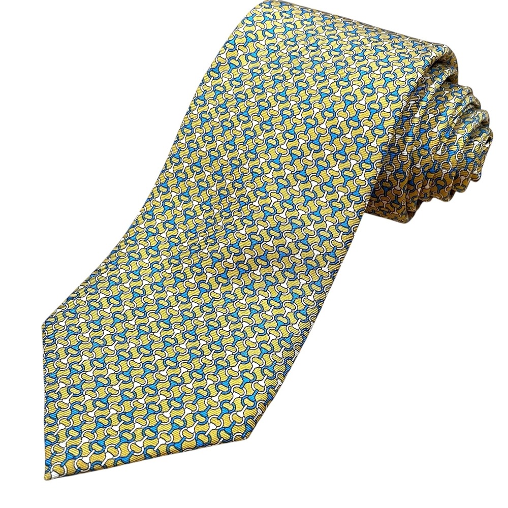 Brooks Brothers 100% Silk Necktie Gold Blue Interlocking Horse Bits Equestrian